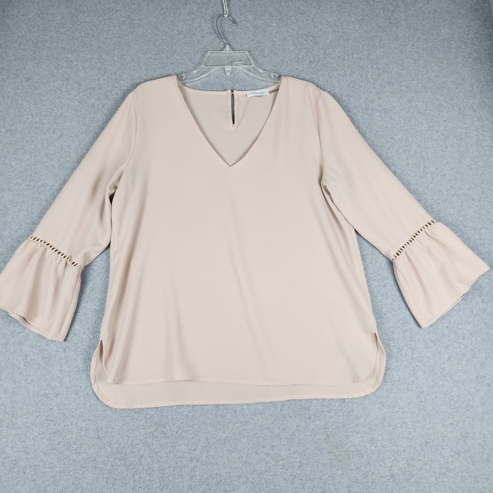 Calvin Klein Blouse Top Womens Large Blush Pink Bell Sleeve V-Neck‎ Ladder Trim